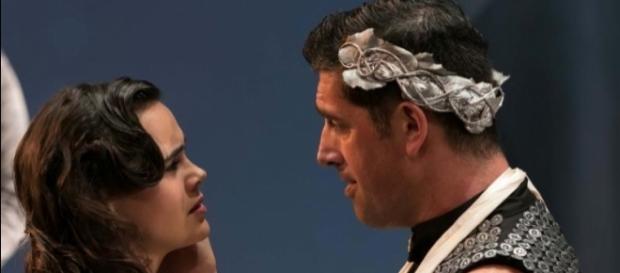 Virgilia (Amaia Arana) with her husband, Coriolanus. Photo: Jerry Dalia, courtesy of STNJ. Virgilia (Amaia Arana) with her husband, Coriolanus. Photo: Jerry Dalia, courtesy of STNJ.