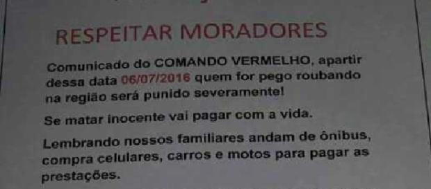 Comando Vermelho divulga comunicado para reduzir crimes na região. Crédito: Divulgação Comando Vermelho divulga comunicado para reduzir crimes na região. Crédito: Divulgação