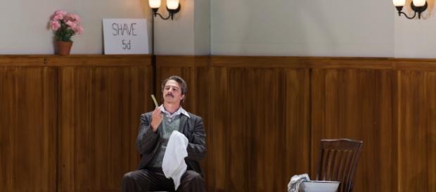 Greer Grimsley, riveting as Sweeney Todd, befriends his straightedge razor. Photo: Karli Cadel, courtesy of The Glimmerglass Festival. Greer Grimsley, riveting as Sweeney Todd, befriends his straightedge razor. Photo: Karli Cadel, courtesy of The Glimmerglass Festival.
