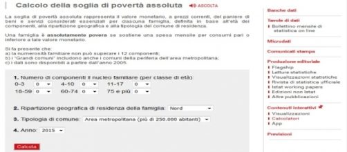 Calcolo della soglia di povertà sul sito dell'Istat