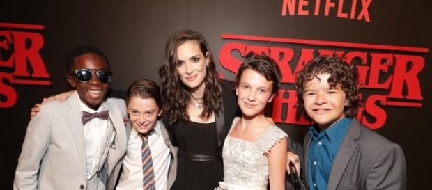 Caleb, Noah, Millie, and Gaten joined Winona Ryder on the red carpet for the premiere Caleb, Noah, Millie, and Gaten joined Winona Ryder on the red carpet for the premiere