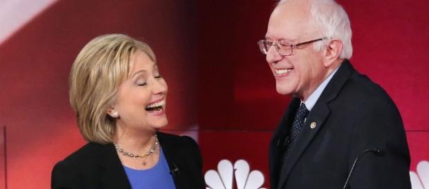 Sanders and Clinton. From http://wonkette.com/603357/bernie-sanders-is-bought-and-paid-for-corporate-sell-out-shillary-for-hillary-now Sanders and Clinton. From http://wonkette.com/603357/bernie-sanders-is-bought-and-paid-for-corporate-sell-out-shillary-for-hillary-now