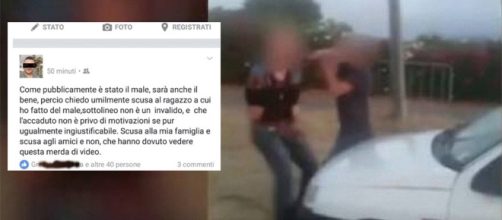 A sinistra il post di scuse di Bachisio Angius, a destra un'immagine dell'aggressione.