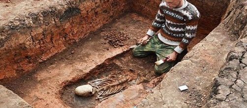 Archeologo osserva il teschi allungato ritrovato nel sito di Arkaim in Russia. CEN