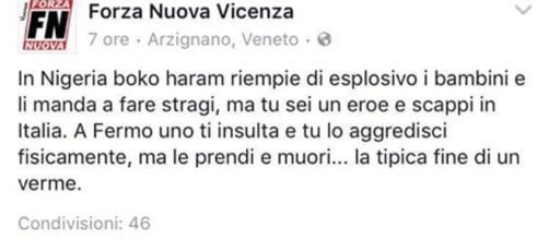 Vicenza, Forza Nuova su Fb: «Emmanuel verme». Post tolto e ... - vvox.it