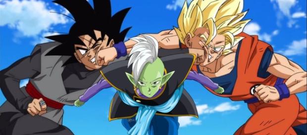 Goku peleando contra Black y Zamasu Goku peleando contra Black y Zamasu