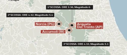 La zona interessata dal sisma nel centro Italia