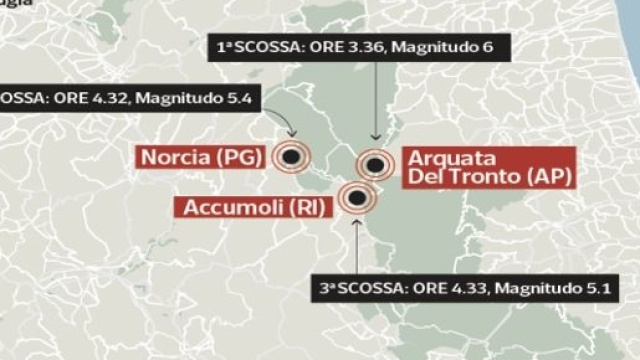 La zona interessata dal sisma nel centro Italia