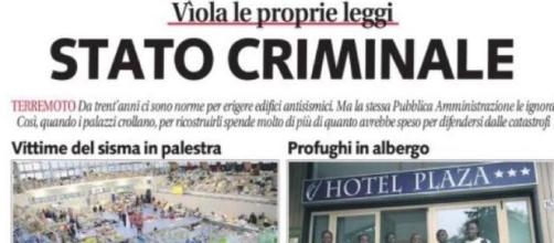 Prima pagina del quotidiano Libero di Vittorio Feltri, 26 agosto 2016