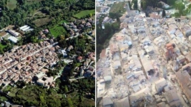 Amatrice vista dall'alto, prima e dopo il sisma