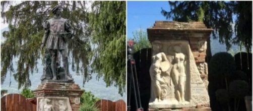 la statua di Cola dell'Amatrice prima e dopo il sisma