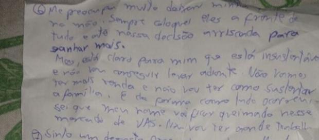 Em carta deixada por Nabor Oliveira, ele demonstra preocupação em relação à situação pela qual passava Em carta deixada por Nabor Oliveira, ele demonstra preocupação em relação à situação pela qual passava