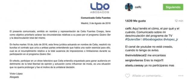 comunicado de Celia Fuentes sobre su abandono comunicado de Celia Fuentes sobre su abandono
