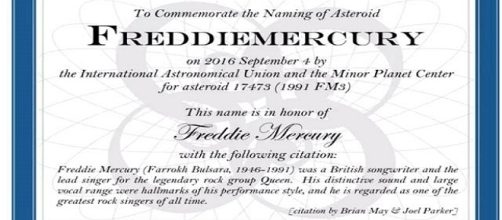 Certificato ufficiale dell'asteroide 17473FM3 assegnato a F.Mercury- (Unione Astronomica Internazionale e del Centro degli Oggetti Minori)