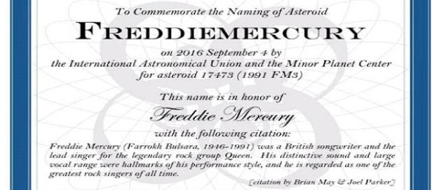 Certificato ufficiale dell'asteroide 17473FM3 assegnato a F.Mercury- (Unione Astronomica Internazionale e del Centro degli Oggetti Minori) Certificato ufficiale dell'asteroide 17473FM3 assegnato a F.Mercury- (Unione Astronomica Internazionale e del Centro degli Oggetti Minori)