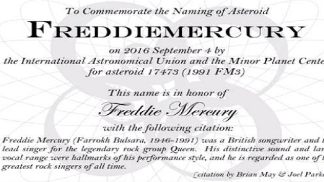 Certificato ufficiale dell'asteroide 17473FM3 assegnato a F.Mercury- (Unione Astronomica Internazionale e del Centro degli Oggetti Minori)