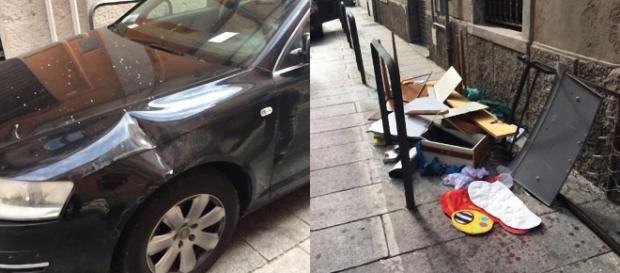 Un'auto danneggiata e gli oggetti lanciati dalla finestra. Un'auto danneggiata e gli oggetti lanciati dalla finestra.