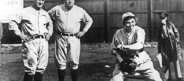 Jackie Mitchell throws fastball April 4, 1931 at in Chattanooga, Tennesse during spring training. Lou Gehrig and Babe Ruth look on (Getty Images).. Jackie Mitchell throws fastball April 4, 1931 at in Chattanooga, Tennesse during spring training. Lou Gehrig and Babe Ruth look on (Getty Images)..
