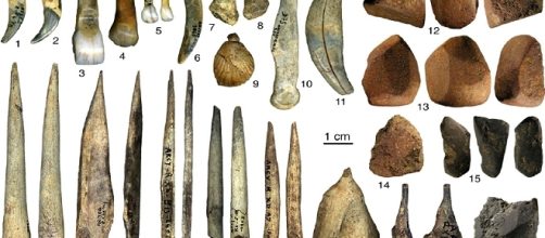 Reperti rinvenuti nella Grotte du Renne (Arcy-sur-Cure, France) realizzati in osso, conchiglia e avorio. Quelli forati sono elementi di collane