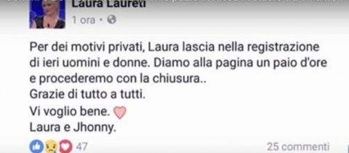 Il post di Laura Laureti in cui annuncia l'addio a Uomini e Donne