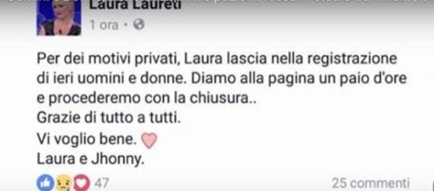 Il post di Laura Laureti in cui annuncia l'addio a Uomini e Donne Il post di Laura Laureti in cui annuncia l'addio a Uomini e Donne