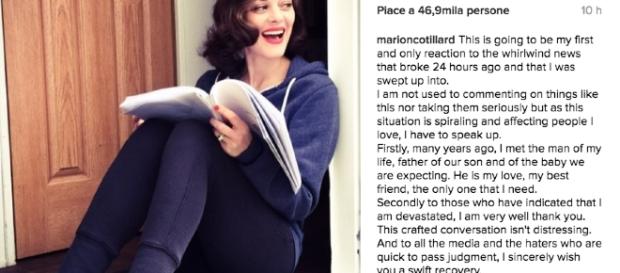 Nella foto: la smentita via social della Cotillard Nella foto: la smentita via social della Cotillard