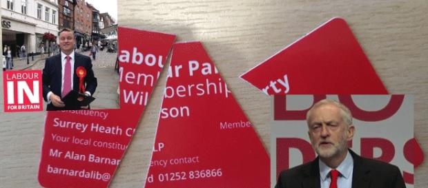 Jeremy Corbyn (en b. à d.) a été réélu mais des travaillistes déchirent leur carte (en h. à g., le député Richard Wilson) Jeremy Corbyn (en b. à d.) a été réélu mais des travaillistes déchirent leur carte (en h. à g., le député Richard Wilson)