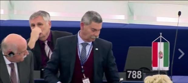 EU-Abgeordneter Synadinos beim Verlassen des Saals nach seinem Rauswurf (Screenshot) EU-Abgeordneter Synadinos beim Verlassen des Saals nach seinem Rauswurf (Screenshot)