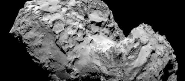 Osiris: particolare della cometa 67P. I due lobi e la strozzatura definiscono un asteroide binario a contatto. Osiris: particolare della cometa 67P. I due lobi e la strozzatura definiscono un asteroide binario a contatto.