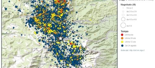 La mappa sulla sequenza sismica fornita dall'Ingv.