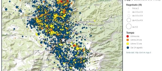 La mappa sulla sequenza sismica fornita dall'Ingv. La mappa sulla sequenza sismica fornita dall'Ingv.