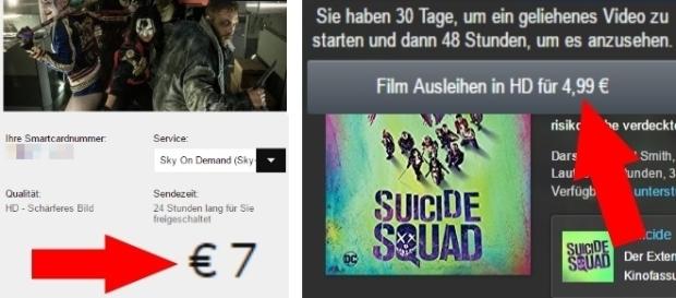 Bei Sky kostet ein HD-Film 7 Euro, bei Amazon 4,99 Euro / Fotos: Screenshots Sky, Amazon - Montage Bei Sky kostet ein HD-Film 7 Euro, bei Amazon 4,99 Euro / Fotos: Screenshots Sky, Amazon - Montage