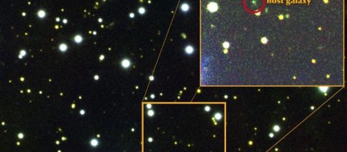 Provenienza del segnale FRB 121102. La galassia nana che lo ospita è stata ripresa in spettroscopia dal telescopio Gemini North.