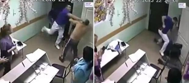 Nas imagens é possível ver o médico agredindo o paciente que estava sem camisa. Nas imagens é possível ver o médico agredindo o paciente que estava sem camisa.