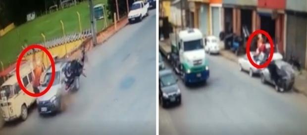 Vítima e moto dão piruetas no ar após a batida. Vítima e moto dão piruetas no ar após a batida.