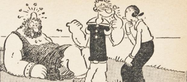 Formidabile campione del bene, Popeye atterra gli avversari di grande mole e protegge l'eterna fidanzata Olivia. Foto: klinebooks.com Formidabile campione del bene, Popeye atterra gli avversari di grande mole e protegge l'eterna fidanzata Olivia. Foto: klinebooks.com
