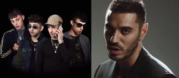 A sinistra la Dark Polo Gang, a destra Marracash A sinistra la Dark Polo Gang, a destra Marracash