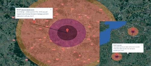 Simulation sur Paris et Bruxelles des dégâts d'une bombe atomique de 57 Mt. Melun est juste en périphérie du rayon depuis Paris.