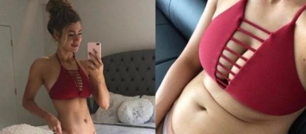 Com duas fotos, ela mostra como um ângulo de uma foto pode disfarçar imperfeições do corpo de uma pessoa. Com duas fotos, ela mostra como um ângulo de uma foto pode disfarçar imperfeições do corpo de uma pessoa.