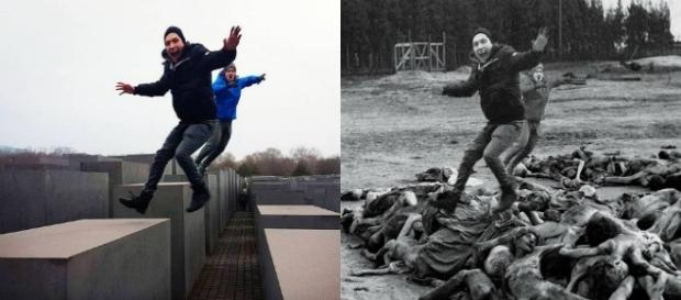 Turistas posan en monumento al holocausto Turistas posan en monumento al holocausto