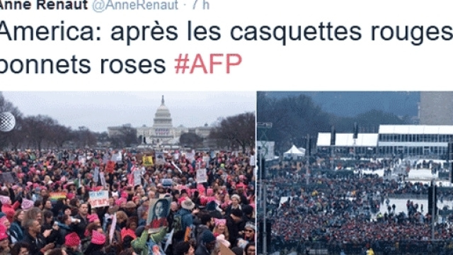 Anne Renaut, du bureau de l'AFP &agrave; Washington a compar&eacute; l'assistance relativement clairsem&eacute;e venue &eacute;couter Trump et celle de la Marche des femmes