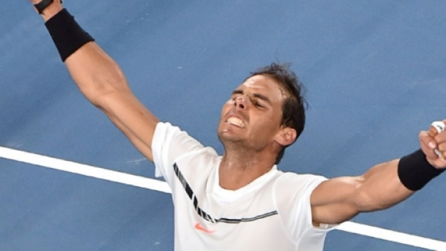 La rage de Rafael Nadal à l'issue de sa victoire sur Gaël Monfils à l'Open d'Australie, le 23 janvier 2017 à Melbourne (AFP/PAUL CROCK )