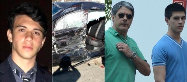 Giuliano à esquerda, o carro acidentado e à direita Bonner e Vinícius saindo do hospital após visitar o jovem. Giuliano à esquerda, o carro acidentado e à direita Bonner e Vinícius saindo do hospital após visitar o jovem.