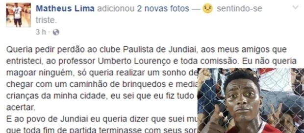 Pelo Facebook, jogador pediu perdão ao time e a cidade Pelo Facebook, jogador pediu perdão ao time e a cidade