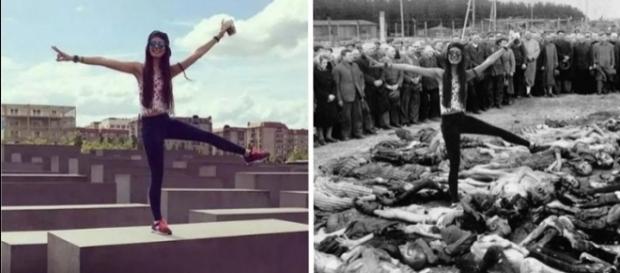 Como forma de protesto, o artista criou montagens das fotos reais dos turistas em imagens reais do holocausto Como forma de protesto, o artista criou montagens das fotos reais dos turistas em imagens reais do holocausto