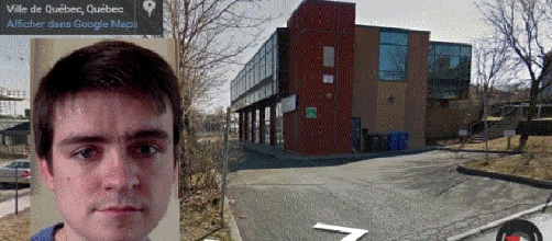 La Grande Mosquée de Québec, et en insert, une photo d'Alexandre Bissonnette issue de sa page Facebook