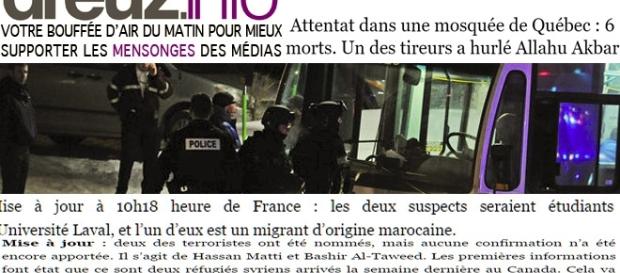 Si les nationalistes québécois déplorent l'attentat de la mosquée de Québec, des sites français l'attribuent déjà à des djihadistes musulmans Si les nationalistes québécois déplorent l'attentat de la mosquée de Québec, des sites français l'attribuent déjà à des djihadistes musulmans