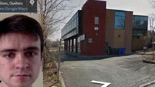 La Grande Mosquée de Québec, et en insert, une photo d'Alexandre Bissonnette issue de sa page Facebook