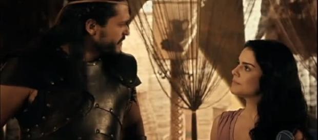 Tobias e Samara em 'A Terra Prometida' (Divulgação/Record) Tobias e Samara em 'A Terra Prometida' (Divulgação/Record)