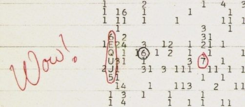 Imagen de la anotación efectuada por el astrónomo Jerry Ehman junto a la señal de origen extraterrestre.